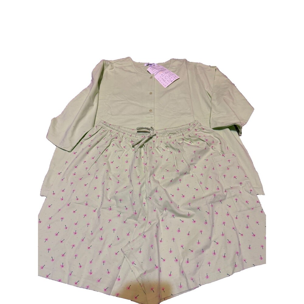 Carole Hochman 2 Piece Shorts Pajamas 1x Green Top Floral Bottom Drawstrip Pocke